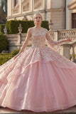 Vestido de baile cor-de-rosa, vestido de quinceanera com contas e folhos de um ombro