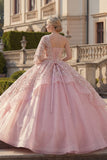 Vestido de baile cor-de-rosa, vestido de quinceanera com contas e folhos de um ombro