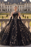 Vestido preto de baile com um ombro e vestido de quinceañera aplicado