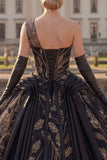 Vestido preto de baile com um ombro e vestido de quinceañera aplicado