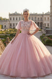 Vestido de baile com gola redonda e vestido de quinceañera rosa aplicado com mangas esvoaçantes