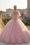 Vestido de baile com gola redonda e vestido de quinceañera rosa aplicado com mangas esvoaçantes
