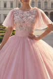 Vestido de baile com gola redonda e vestido de quinceañera rosa aplicado com mangas esvoaçantes