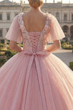 Vestido de baile com gola redonda e vestido de quinceañera rosa aplicado com mangas esvoaçantes