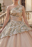 Vestido de baile de champanhe cintilante com lantejoulas de um ombro Vestido Quinceañera
