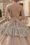 Vestido de baile de champanhe cintilante com lantejoulas de um ombro Vestido Quinceañera