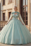 Vestido de Baile Brilhante Querida Lantejoulas Verde Menta Vestido de Quinceañera com Capa