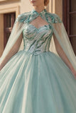 Vestido de Baile Brilhante Querida Lantejoulas Verde Menta Vestido de Quinceañera com Capa