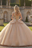Vestido de baile de lantejoulas de um ombro brilhante Vestido de quinceanera champanhe