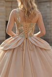 Vestido de baile de lantejoulas de um ombro brilhante Vestido de quinceanera champanhe