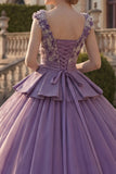 Vestido de baile roxo com decote em V com aplicação e vestido floral de quinceañera