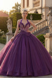 Vestido de baile de Quinceañera com contas e gola alta, roxo escuro e folhos