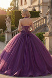 Vestido de baile de Quinceañera com contas e gola alta, roxo escuro e folhos