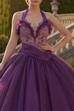 Vestido de baile de Quinceañera com contas e gola alta, roxo escuro e folhos