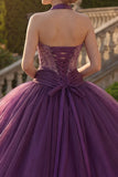 Vestido de baile de Quinceañera com contas e gola alta, roxo escuro e folhos