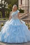 Vestido de baile de um ombro azul-céu aplicado com folhos