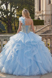 Vestido de baile de um ombro azul-céu aplicado com folhos