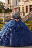 Vestido de baile de um ombro azul-marinho Vestido floral Quinceañera com folhos