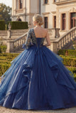 Vestido de baile de um ombro azul-marinho Vestido floral Quinceañera com folhos