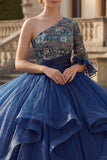 Vestido de baile de um ombro azul-marinho Vestido floral Quinceañera com folhos