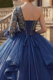 Vestido de baile de um ombro azul-marinho Vestido floral Quinceañera com folhos