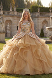 Vestido de baile cintilante de um ombro com lantejoulas, vestido champanhe Quinceañera com folhos