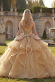 Vestido de baile cintilante de um ombro com lantejoulas, vestido champanhe Quinceañera com folhos