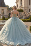 Vestido de baile brilhante, vestido de quinceanera azul empoeirado com lantejoulas de um ombro e folhos