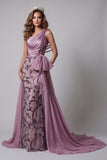 Vestido de concurso vintage malva com laços de sereia com laços de lãs com um ombro