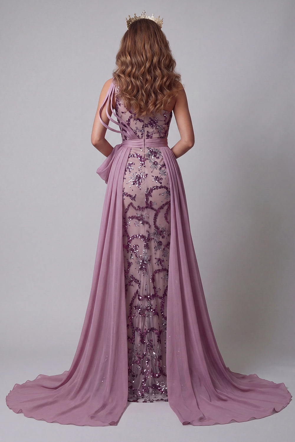 Vestido de concurso vintage malva com laços de sereia com laços de lãs com um ombro