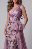 Vestido de concurso vintage malva com laços de sereia com laços de lãs com um ombro