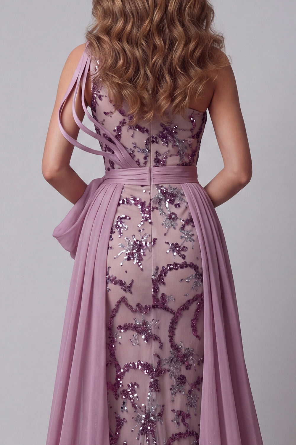 Vestido de concurso vintage malva com laços de sereia com laços de lãs com um ombro