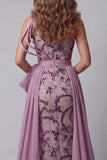 Vestido de concurso vintage malva com laços de sereia com laços de lãs com um ombro