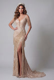 Vestido de concurso de concurso com lantejoulas champanhe e lantejoulas com fenda