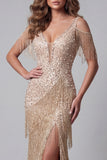 Vestido de concurso de concurso com lantejoulas champanhe e lantejoulas com fenda