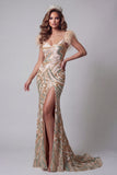 Vestido de Concurso de Sereia Champanhe com Lantejoulas e Penas