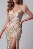 Vestido de Concurso de Sereia Champanhe com Lantejoulas e Penas