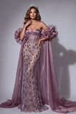 Vestido de concurso vintage brilhante de espartilho malva em forma de sereia longa com missangas e folhos e capa