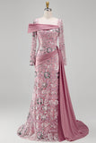 Vestido de concurso floral de mangas compridas cor-de-rosa brilhante, sereia com missangas e capa lateral