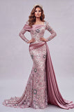 Vestido de concurso floral de mangas compridas cor-de-rosa brilhante, sereia com missangas e capa lateral