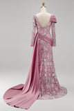 Vestido de concurso floral de mangas compridas cor-de-rosa brilhante, sereia com missangas e capa lateral