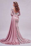 Vestido de concurso floral de mangas compridas cor-de-rosa brilhante, sereia com missangas e capa lateral