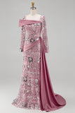 Vestido de concurso floral de mangas compridas cor-de-rosa brilhante, sereia com missangas e capa lateral