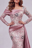 Vestido de concurso floral de mangas compridas cor-de-rosa brilhante, sereia com missangas e capa lateral