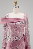 Vestido de concurso floral de mangas compridas cor-de-rosa brilhante, sereia com missangas e capa lateral
