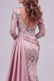 Vestido de concurso floral de mangas compridas cor-de-rosa brilhante, sereia com missangas e capa lateral