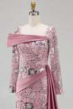 Vestido de concurso floral de mangas compridas cor-de-rosa brilhante, sereia com missangas e capa lateral