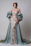 Vestido longo de concurso floral com contas com sereia brilhante e champanhe