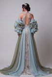 Vestido longo de concurso floral com contas com sereia brilhante e champanhe