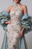 Vestido longo de concurso floral com contas com sereia brilhante e champanhe